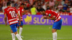 Jorge Molina, of Granada CF  misses a penalty during the La Liga match between Granada CF and RCD Espanyol at Nuevo Los Carmenes Stadium on May 22, 2022 in Granada, Spain. (Photo by Álex Cámara/NurPhoto via Getty Images)