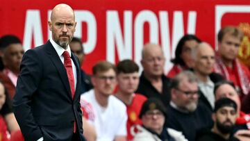 Manchester United's Dutch manager Erik ten Hag watches the players from the touchline during the English Premier League football match between Manchester United and Liverpool at Old Trafford in Manchester, north west England, on September 1, 2024. (Photo by Paul ELLIS / AFP) / RESTRICTED TO EDITORIAL USE. No use with unauthorized audio, video, data, fixture lists, club/league logos or 'live' services. Online in-match use limited to 120 images. An additional 40 images may be used in extra time. No video emulation. Social media in-match use limited to 120 images. An additional 40 images may be used in extra time. No use in betting publications, games or single club/league/player publications. /