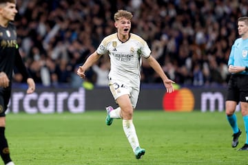 Así celebró Nico Paz su tanto al Nápoles con el primer equipo en la pasada Champions.