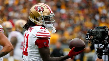 PITTSBURGH, PENNSYLVANIA - SEPTEMBER 10: Brandon Aiyuk #11 of the San Francisco 49ers reacts after catching a touchdown in the first quarter against the Pittsburgh Steelers at Acrisure Stadium on September 10, 2023 in Pittsburgh, Pennsylvania. Justin K. Aller/Getty Images/AFP (Photo by Justin K. Aller / GETTY IMAGES NORTH AMERICA / Getty Images via AFP)