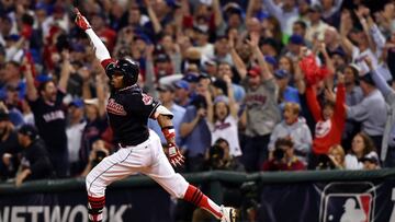 Nov 2, 2016; Cleveland, OH, USA; Cleveland Indians center fielder Rajai Davis (20) celebrates after hitting a two-run home run against the Chicago Cubs in the 8th inning in game seven of the 2016 World Series at Progressive Field. Mandatory Credit: Ken Blaze-USA TODAY Sports     TPX IMAGES OF THE DAY     