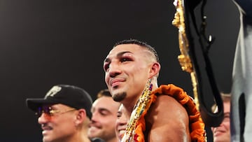 MIAMI, FLORIDA - JUNE 29: Teofimo Lopez celebrates after defeating Steve Claggett during the WBO and Ring Magazine Junior Welterweight World Title bout at James L. Knight Center on June 29, 2024 in Miami, Florida.   Kelly Gavin/Getty Images/AFP (Photo by Kelly Gavin / GETTY IMAGES NORTH AMERICA / Getty Images via AFP)