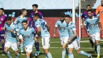 Hugo Mallo, Jeison Murillo, Santi Mina, Iago Aspas, Facundo Ferreyra y Brais M&eacute;ndez regresan a su campo tras el gol del empate contra el Valladolid.