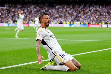 El jugador del Real Madrid, Joselu, celebra el empate ante el Getafe. 