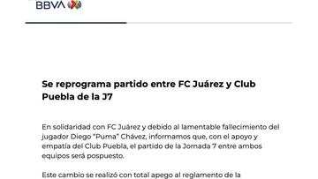 Bravos y Puebla reprograman su partido de la jornada 7 debido al fallecimiento del ‘Puma’ Chávez