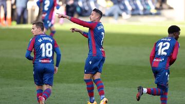 VILLAREAL, SPAIN - JANUARY 02: Sergio Leon of Levante celebrates after scoring their team's first goal during the La Liga Santander match between Villarreal CF and Levante UD at Estadio de la Ceramica on January 02, 2021 in Villareal, Spain. Sporting