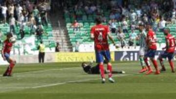 Los jugadores del Real Zaragoza observan cómo Rubén Castro logra el cuarto gol del Betis el pasado domingo.