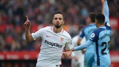 Sevilla&#039;s Spanish midfielder Pablo Sarabia celebrates after scoring a goal during the Spanish League football match between Sevilla and Girona at the Ramon Sanchez Pizjuan stadium in Sevilla on December 16, 2018. (Photo by CRISTINA QUICLER / AFP)