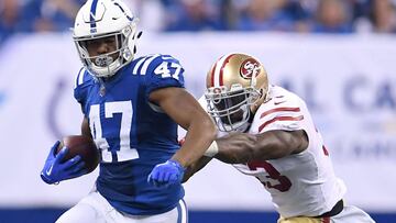 INDIANAPOLIS, IN - OCTOBER 08: Darrell Daniels #47 of the Indianapolis Colts is pushed out of bounds by NaVorro Bowman #53 of the San Francisco 49ers during the second quarter of a game at Lucas Oil Stadium on October 8, 2017 in Indianapolis, Indiana.   Stacy Revere/Getty Images/AFP
 == FOR NEWSPAPERS, INTERNET, TELCOS &amp; TELEVISION USE ONLY ==