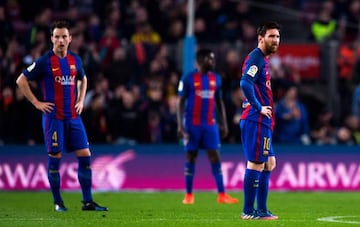 Lionel Messi of FC Barcelona reacts after Unai Lopez of CD Leganes scored his team's first goal during the La Liga match between FC Barcelona and CD Leganes at Camp Nou stadium
