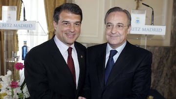 Florentino felicitó a Laporta por la lona del Bernabéu