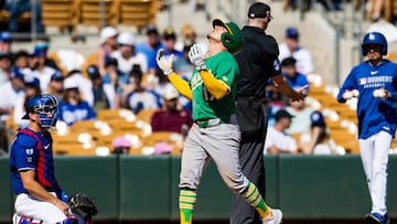 GLENDALE, ARIZONA - MARCH 09: Luis Urias #17 of the Athletics gestures after hitting a home run during the fifth inning of a Spring Training game against the Los Angeles Dodgers at Camelback Ranch on March 09, 2025 in Glendale, Arizona. John E. Moore III/Getty Images/AFP (Photo by John E. Moore III / GETTY IMAGES NORTH AMERICA / Getty Images via AFP)
