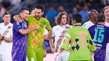 Jared Borgetti (L) of Mexico Legends and Gianluigi Buffon (C) of FIFA Legends and Jorge Campos (R) of Mexico Legends during match Legends between International FIFA Legends and Mexico Legends 2024, at BBVA Bancomer Stadium on September 20, 2024 in Monterrey, Nuevo Leon, Mexico.