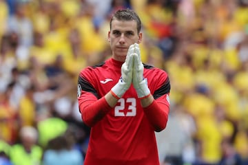 Lunin durante el partido de la Eurocopa 2024 entre Ucrania y Rumanía.