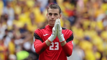 Lunin durante el partido de la Eurocopa 2024 entre Ucrania y Rumanía.