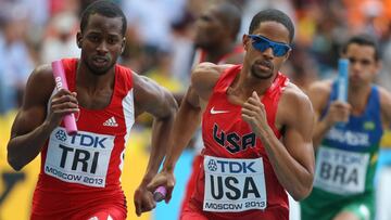 El atleta trinitense Deon Lendore compite por Trinidad y Tobago en la prueba del relevo del 4x400 de los Mundiales de Atletismo de Mosc&uacute; 2013.