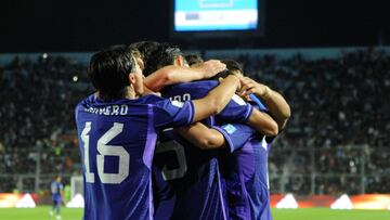 Argentine players celebrate the goal of Brian Aguirre during the Argentina 2023 U-20 World Cup Group A football match between New Zealand and Argentina at the Estadio San Juan del Bicentenario stadium in San Juan, Argentina on May 26, 2023. (Photo by Andres Larrovere / AFP)