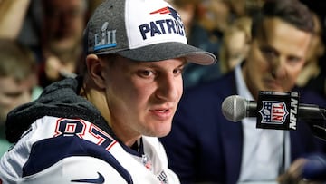 New England Patriots tight end Rob Gronkowski speaks after being cleared from concussion protocol and will likely play in this weekend's Super Bowl in Minneapolis, Minnesota, U.S. February 1, 2018. REUTERS/Kevin Lamarque