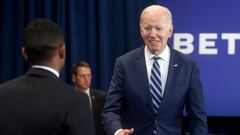 Joe Biden greets N.C. A&T student Malkam Hawkins as he visits North Carolina Agricultural and Technical State University.