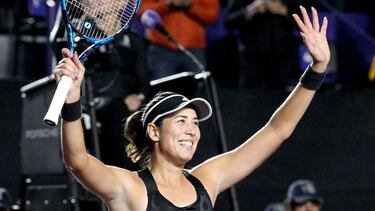 Spain's Garbine Muguruza reacts after defeating Estonia's Anett Kontaveit during the 2021 WTA Finals Tournament women's singles match in Zapopan, Mexico, November 14, 2021. (Photo by Ulises Ruiz / AFP)