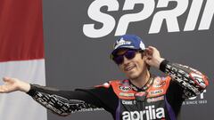 AUSTIN, TEXAS - APRIL 13: Maverick Vinales of Spain and Aprilia Racing celebrates the victory on the podium during the MotoGP Of The Americas - Sprint on April 13, 2024 at Circuit of the Americas in Austin, Texas.   Mirco Lazzari gp/Getty Images/AFP (Photo by Mirco Lazzari gp / GETTY IMAGES NORTH AMERICA / Getty Images via AFP)