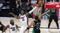 Miami Heat&#039;s Jimmy Butler, bottom left, and Jae Crowder (99) look on as Bam Adebayo (13) blocks a shot attempt by Boston Celtics&#039; Jayson Tatum (0) in the closing seconds of overtime of an NBA conference final playoff basketball game, Tuesday, Sept. 15, 2020, in Lake Buena Vista, Fla. (AP Photo/Mark J. Terrill)