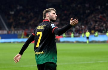   Santiago Gimenez celebrates his goal 1-0 of Milan during the Serie A Round 25th match between AC Milan and Hellas Verona at Stadio Giuseppe Meazza on February 15, 2025 in Milan, Italy.