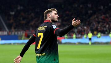 Santiago Gimenez celebrates his goal 1-0 of Milan during the Serie A Round 25th match between AC Milan and Hellas Verona at Stadio Giuseppe Meazza on February 15, 2025 in Milan, Italy.