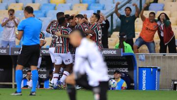 RIO DE JANEIRO, BRAZIL - MAY 29: Matheus Martinelli of Fluminense celebrates with teammates after scoring the team's first goal during the Copa CONMEBOL Sudamericana 2025 Group F match between Fluminense and Once Caldas at Maracana Stadium on May 29, 2025 in Rio de Janeiro, Brazil. (Photo by Buda Mendes/Getty Images)