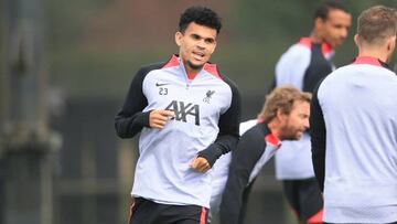 Liverpool's Colombian midfielder Luis Diaz takes part in a training session at Liverpool training ground in Liverpool, northwest England, on September 6, 2022, on the eve of their UEFA Champions League Group A football match against Napoli. (Photo by Lindsey Parnaby / AFP) (Photo by LINDSEY PARNABY/AFP via Getty Images)