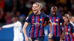 BARCELONA, SPAIN - MARCH 25: Fridolina Rolfo of FC Barcelona celebrates after scoring their first side goal during the Finetwork Liga F match between FC Barcelona and Real Madrid Femenino at Estadi Johan Cruyff on March 25, 2023 in Barcelona, Spain. (Photo by Eric Alonso/Getty Images)
