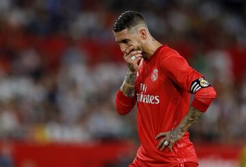 Soccer Football - La Liga Santander - Sevilla v Real Madrid - Ramon Sanchez Pizjuan, Seville, Spain - September 26, 2018  Real Madrid's Sergio Ramos reacts    