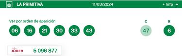 La Primitiva: comprobar los resultados del sorteo de hoy, lunes 11 de marzo