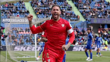 Sergio Ramos celebra el gol marcado al Getafe en el Coliseum.