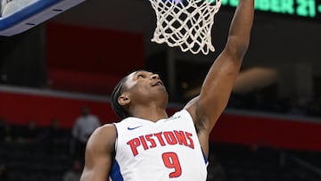 Oct 16, 2025; Detroit, Michigan, USA; Detroit Pistons guard/forward Ausar Thompson (9) puts up a reverse layup against the Washington Wizards in the first quarter at Little Caesars Arena. Mandatory Credit: Lon Horwedel-Imagn Images