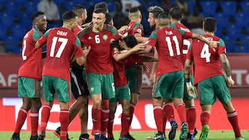 Morocco's players celebrate a goal during the 2017 Africa Cup of Nations group C football match between Morocco and Ivory Coast in Oyem on January 24, 2017.