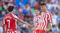 Alvaro Morata of Atletico de Madrid celebrates his goal with Joao Felix during the La Liga match between Getafe CF and Atletico de Madrid played at Coliseum Alfonso Peres Stadium on August 15, 2022 in Getafe, Madrid , Spain. (Photo by Rubén Albarrán / Pressinphoto / Icon Sport)