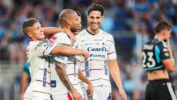 Aug 6, 2025; St. Paul, MN, USA; Atletico San Luis forward Leo Bonatini #9 celebrates his goal with teammates during the first half against Minnesota United at Allianz Field. Mandatory Credit: Brace Hemmelgarn-Imagn Images