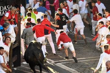 Imágenes del séptimo encierro de los Sanfermines 2022. La ganadería encargada de los toros de este séptimo encierro será la de Victoriano del Río, una de las más importantes del panorama taurino nacional.