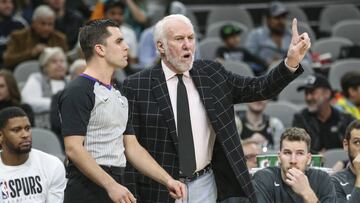Dec 31, 2019; San Antonio, Texas, USA; San Antonio Spurs head coach Gregg Popovich talks with an official during the first quarter against the Golden State Warriors at AT&T Center. Mandatory Credit: Troy Taormina-USA TODAY Sports