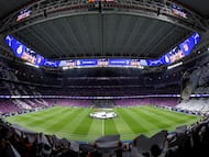 Panorámica del Bernabéu en los prolegómenos del derbi de Champions jugado el pasado 4 de marzo.