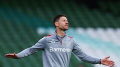 Bayer Leverkusen's Spanish head coach Xabi Alonso reacts as he leads a training session at the Dublin Arena stadium, in Dublin, on May 21, 2024, on the eve of their UEFA Europa League final football match against Atalanta. (Photo by Adrian DENNIS / AFP)