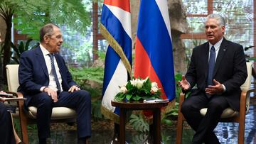 Russia's Foreign Minister Sergei Lavrov attends a meeting with Cuba's President Miguel Diaz-Canel in Havana, Cuba April 20, 2023. Russian Foreign Ministry/Handout via REUTERS ATTENTION EDITORS - THIS IMAGE WAS PROVIDED BY A THIRD PARTY. NO RESALES. NO ARCHIVES. MANDATORY CREDIT.