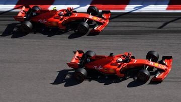 SOCHI, RUSSIA - SEPTEMBER 29: Sebastian Vettel of Germany driving the (5) Scuderia Ferrari SF90 and Charles Leclerc of Monaco driving the (16) Scuderia Ferrari SF90 battle for position at the start during the F1 Grand Prix of Russia at Sochi Autodrom on S