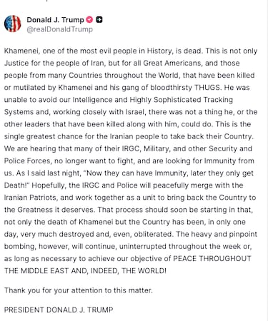 Trump confirma la muerte del líder iraní Alí Jameneí