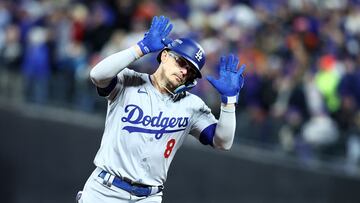 Oct 16, 2024; New York City, New York, USA; Los Angeles Dodgers third base Enrique Hernández (8) reacts after hitting a two run home run against the New York Mets in the sixth inning during game three of the NLCS for the 2024 MLB playoffs at Citi Field. Mandatory Credit: Wendell Cruz-Imagn Images