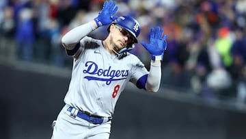 Oct 16, 2024; New York City, New York, USA; Los Angeles Dodgers third base Enrique Hernández (8) reacts after hitting a two run home run against the New York Mets in the sixth inning during game three of the NLCS for the 2024 MLB playoffs at Citi Field. Mandatory Credit: Wendell Cruz-Imagn Images