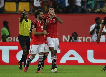 Kahraba of Egypt celebrates a goal with teammate Mohamed Salah during the 2017 Africa Cup of Nations quarterfinal against Morocco.