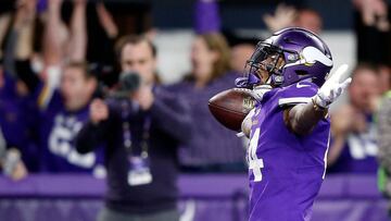 MINNEAPOLIS, MN - JANUARY 14: Wide receiver Stefon Diggs #14 of the Minnesota Vikings celebrates as he runs into the endzone for the game-winning touchdown as the Vikings defeat the New Orleans Saints 29-24 to win the NFC divisional round playoff game at U.S. Bank Stadium on January 14, 2018 in Minneapolis, Minnesota.   Jamie Squire/Getty Images/AFP
 == FOR NEWSPAPERS, INTERNET, TELCOS &amp; TELEVISION USE ONLY ==