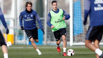 Coentrao y Lucas V&aacute;zquez en el entrenamiento del Real Madrid.